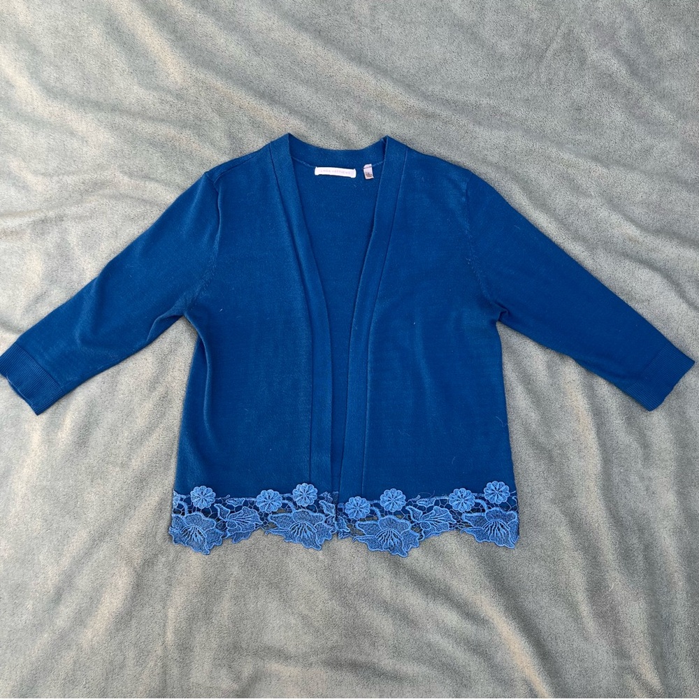 Teal Blue 1/2 Sleeve Open Front Cardigan with Lace Edging